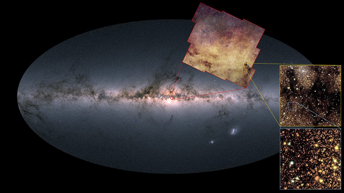 The location of the Euclid telescope's image of the galactic bulge overlaid onto a map of the entire sky produced by the Gaia mission. Credit: ESA/Euclid/Euclid Consortium/NASA, CFHT, ESA/Gaia/DPAC,image processing by J.-C. Cuillandre and E. Bertin (CEA Paris-Saclay)