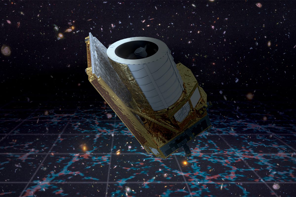 Artist’s impression of the Euclid spacecraft observing the dark Universe. Credit: ESA/Euclid/Euclid Consortium/NASA. Background galaxies: NASA, ESA, and S. Beckwith (STScI) and the HUDF Team,&nbsp;CC BY-SA 3.0 IGO