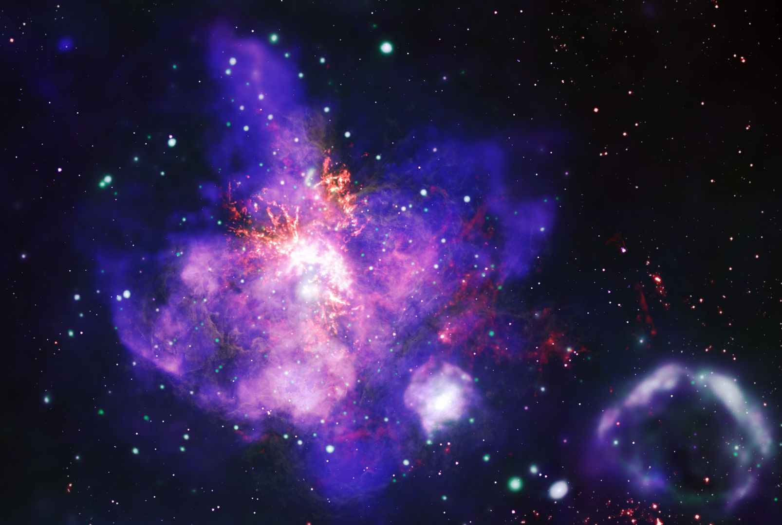 The Tarantula Nebula, 30 Doradus Chandra X-Ray Observatory/Hubble Space Telescope/Spitzer Space Telescope/ALMA, 12 February 2025 Credit: X-ray: NASA/CXC/Penn State Univ./L. Townsley et al.; Infrared: NASA/JPL-CalTech/SST; Optical: NASA/STScI/HST; Radio: ESO/NAOJ/NRAO/ALMA; Image Processing: NASA/CXC/SAO/J. Schmidt, N. Wolk, K. Arcand