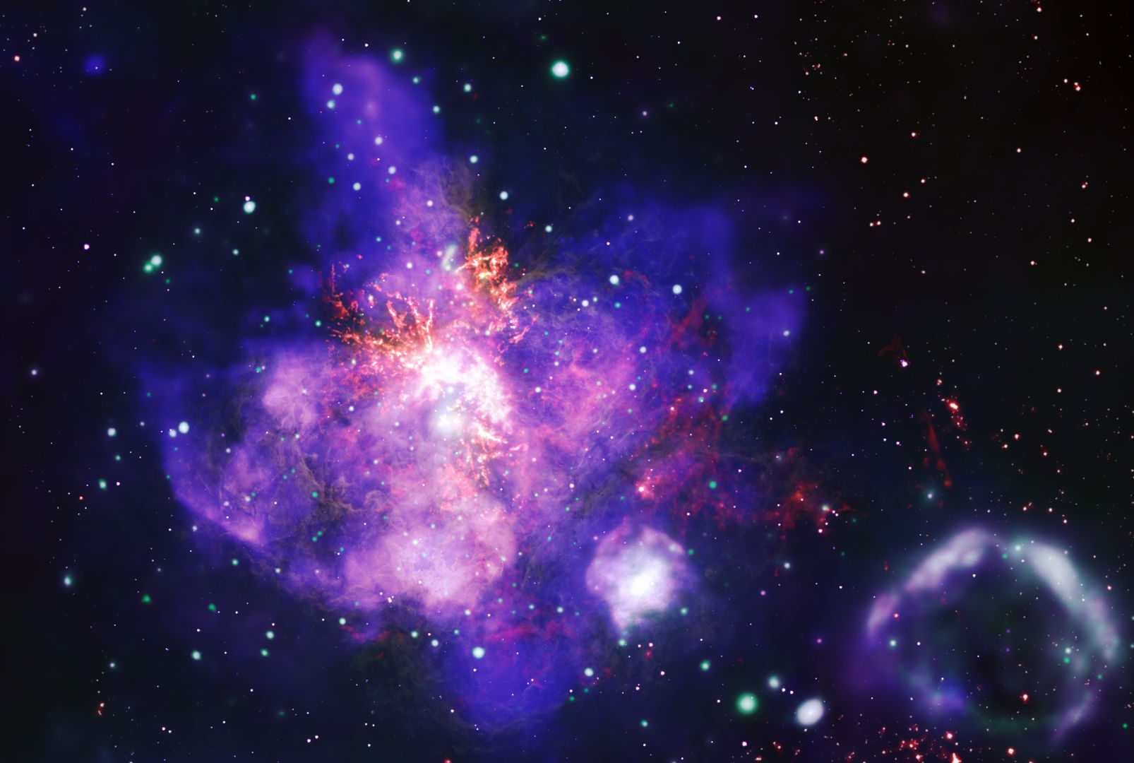 The Tarantula Nebula, 30 Doradus Chandra X-Ray Observatory/Hubble Space Telescope/Spitzer Space Telescope/ALMA, 12 February 2025 Credit: X-ray: NASA/CXC/Penn State Univ./L. Townsley et al.; Infrared: NASA/JPL-CalTech/SST; Optical: NASA/STScI/HST; Radio: ESO/NAOJ/NRAO/ALMA; Image Processing: NASA/CXC/SAO/J. Schmidt, N. Wolk, K. Arcand