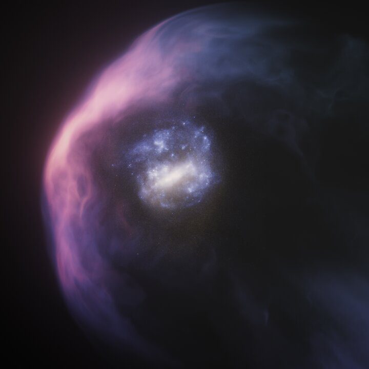 Artist's impression of the Large Magellanic Cloud and the halo of gas that's been partially stripped away by its collision with the Milky Way. Credit: NASA, ESA, R. Crawford (STScI)