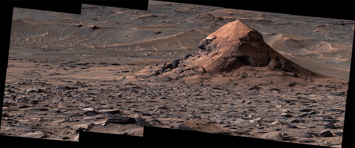 A sand-capped butte nicknamed Miraflores seen on the surface of Mars by the Curiosity rover. Credit: NASA/JPL-Caltech/MSSS