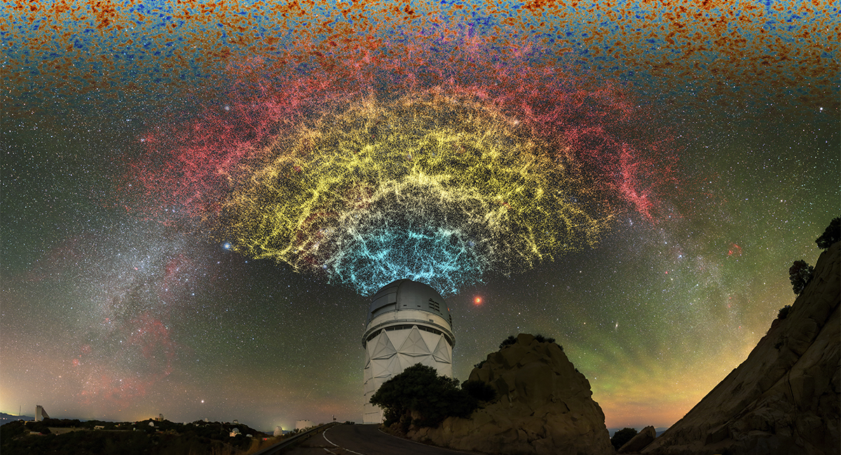 Illustration showing the Dark Energy Spectroscopic Instrument making a 3D map of the Universe. Credit: DESI Collaboration/KPNO/NOIRLab/NSF/AURA/P. Horálek/R. Proctor