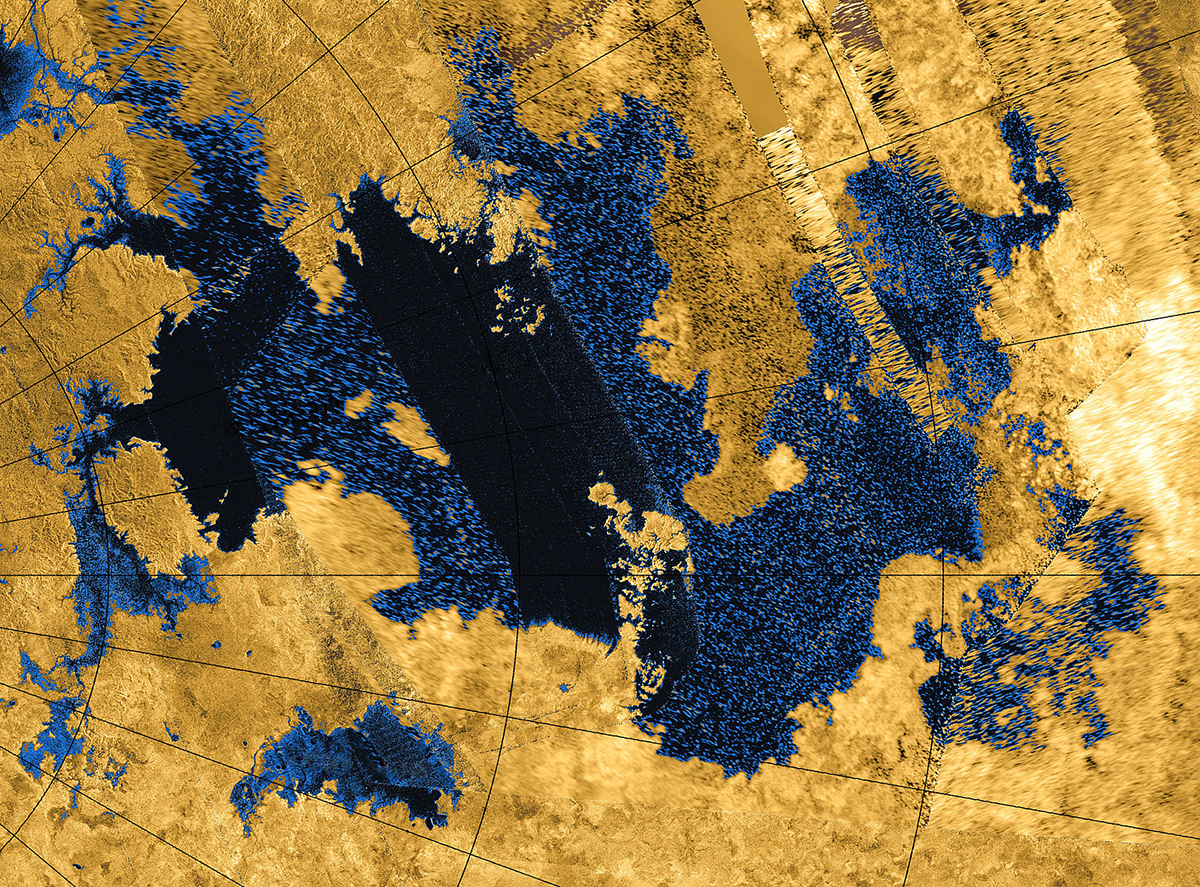 Image of Kraken Mare on Titan, captured by NASA's Cassini spacecraft. Credit: NASA / JPL-Caltech / Agenzia Spaziale Italiana / USGS