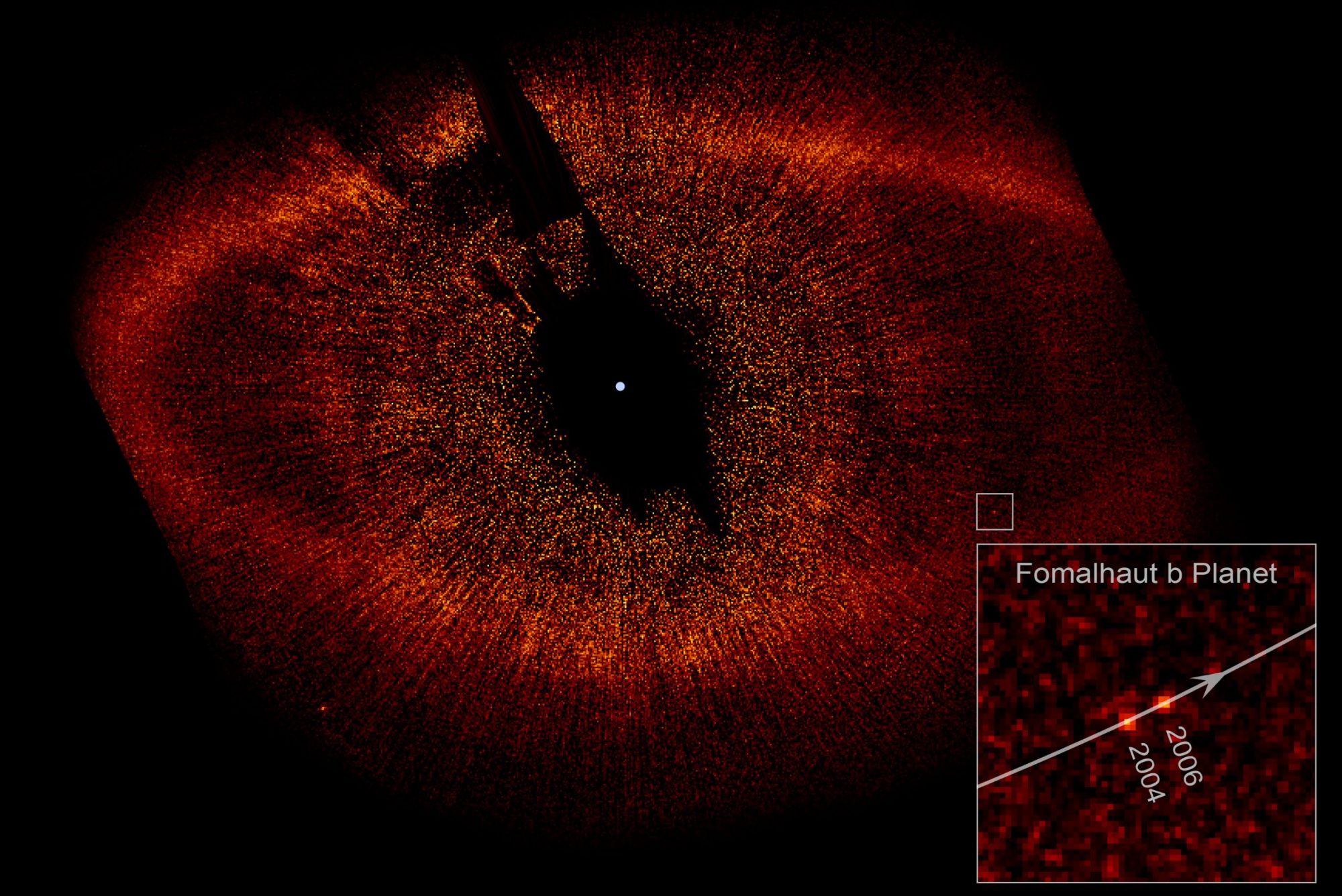 Eye of Sauron: Hubble’s 2008 image of Fomalhaut b – the first visual image of an exoplanet. Credit: NASA, ESA, and P. Kalas (University of California, Berkeley and SETI Institute)