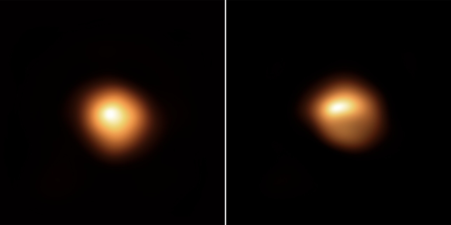 Two images of Betelgeuse captured by the Very Large Telescope. Left shows the view in January 2019 and right shows the view in December 2019, revealing the star’s change in brightness over time. Credit: Credit: ESO/M. Montargès et al.
