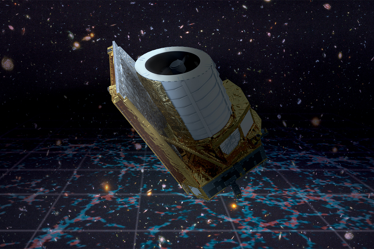 Artist’s impression of the Euclid spacecraft observing the dark Universe. Credit: ESA/Euclid/Euclid Consortium/NASA. Background galaxies: NASA, ESA, and S. Beckwith (STScI) and the HUDF Team,&nbsp;CC BY-SA 3.0 IGO