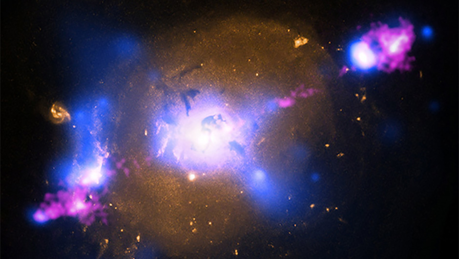 An image of 4C+29.30, a galaxy 850 million lightyears away. X-ray data from NASA's Chandra X-ray Observatory is seen in blue, optical light obtained from Hubble Space Telescope is gold and radio waves from the NSF's Very Large Array are pink. The radio emission comes from jets of particles speeding at millions of miles per hour away from a supermassive black hole at the center of the galaxy. Credit: NASA