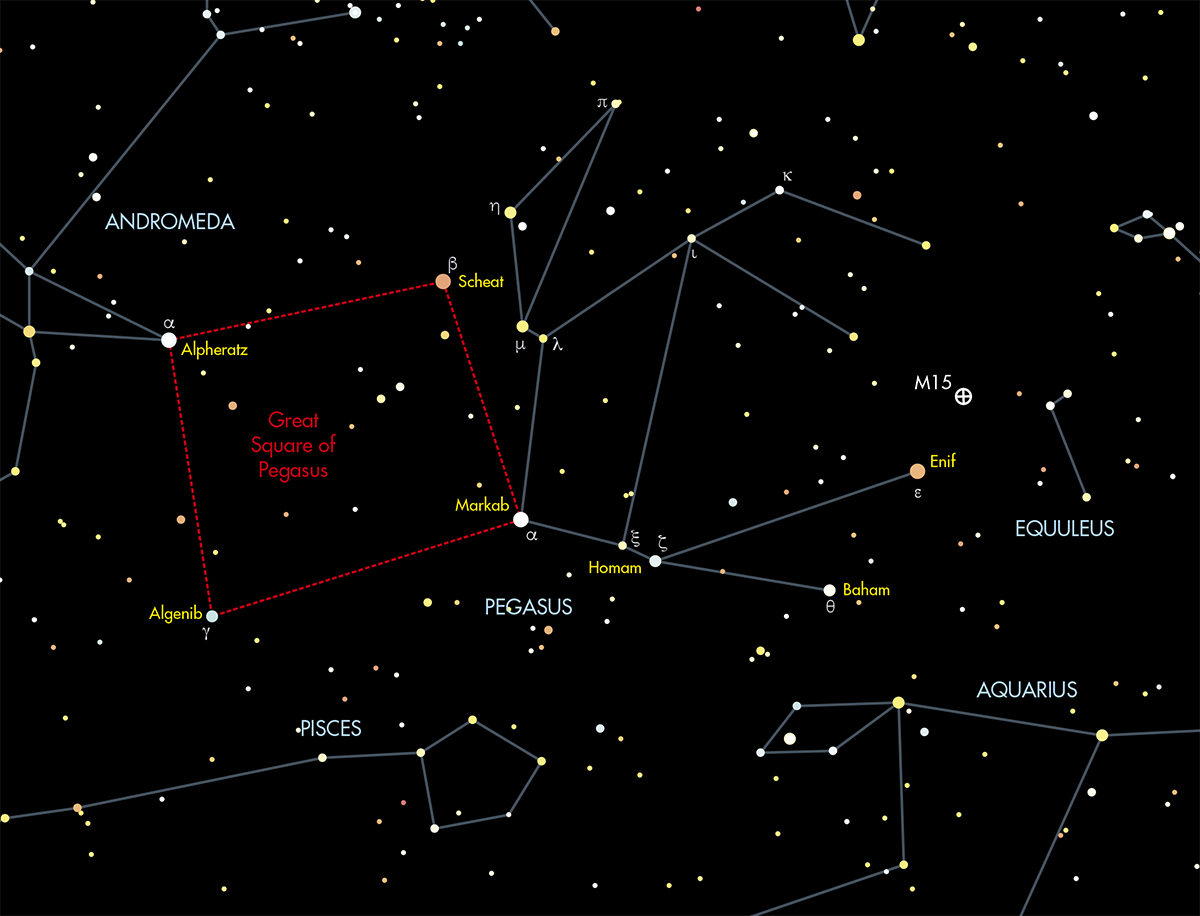 Chart showing the constellation Pegasus and the Great Square. Credit: BBC Sky at Night Magazine