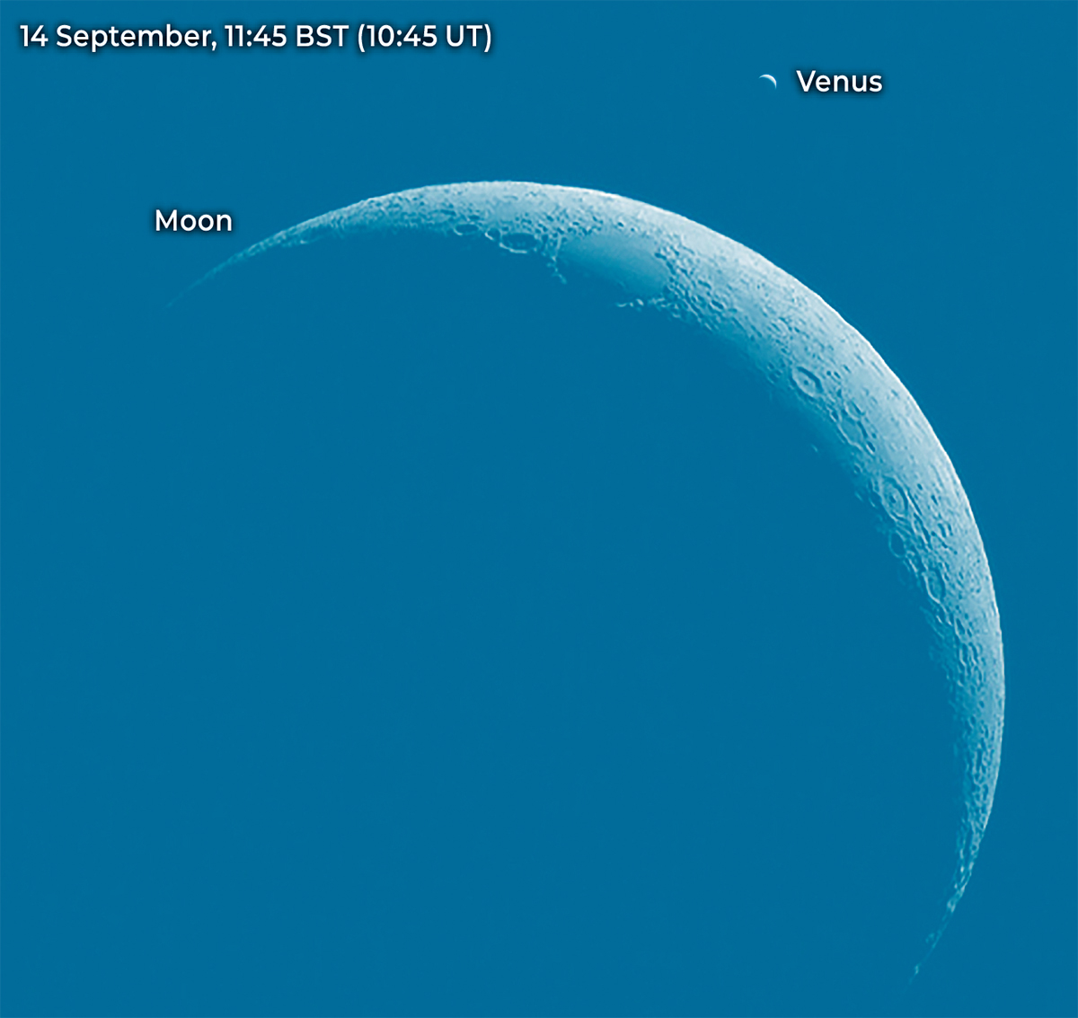 The view shortly after the reappearance of Venus during its lunar occultation on 14 September 2026, showing two beautiful crescents. The Moon’s altitude will be around 4°. Credit: Pete Lawrence