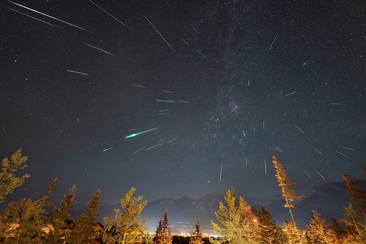 Perseid meteor shower above Canmore in the Canadian Rockies, Alberta, Canada. Credit: Credit: Nick Fitzhardinge / Getty Images