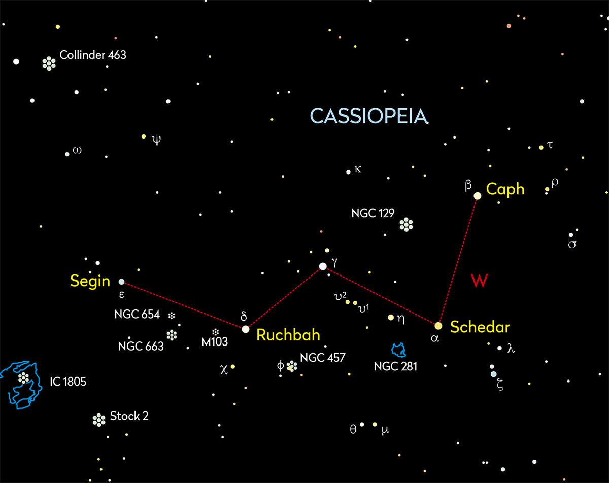 A chart showing Cassiopeia's position in the night sky, its prominent stars and deep-sky objects. Credit: Pete Lawrence.