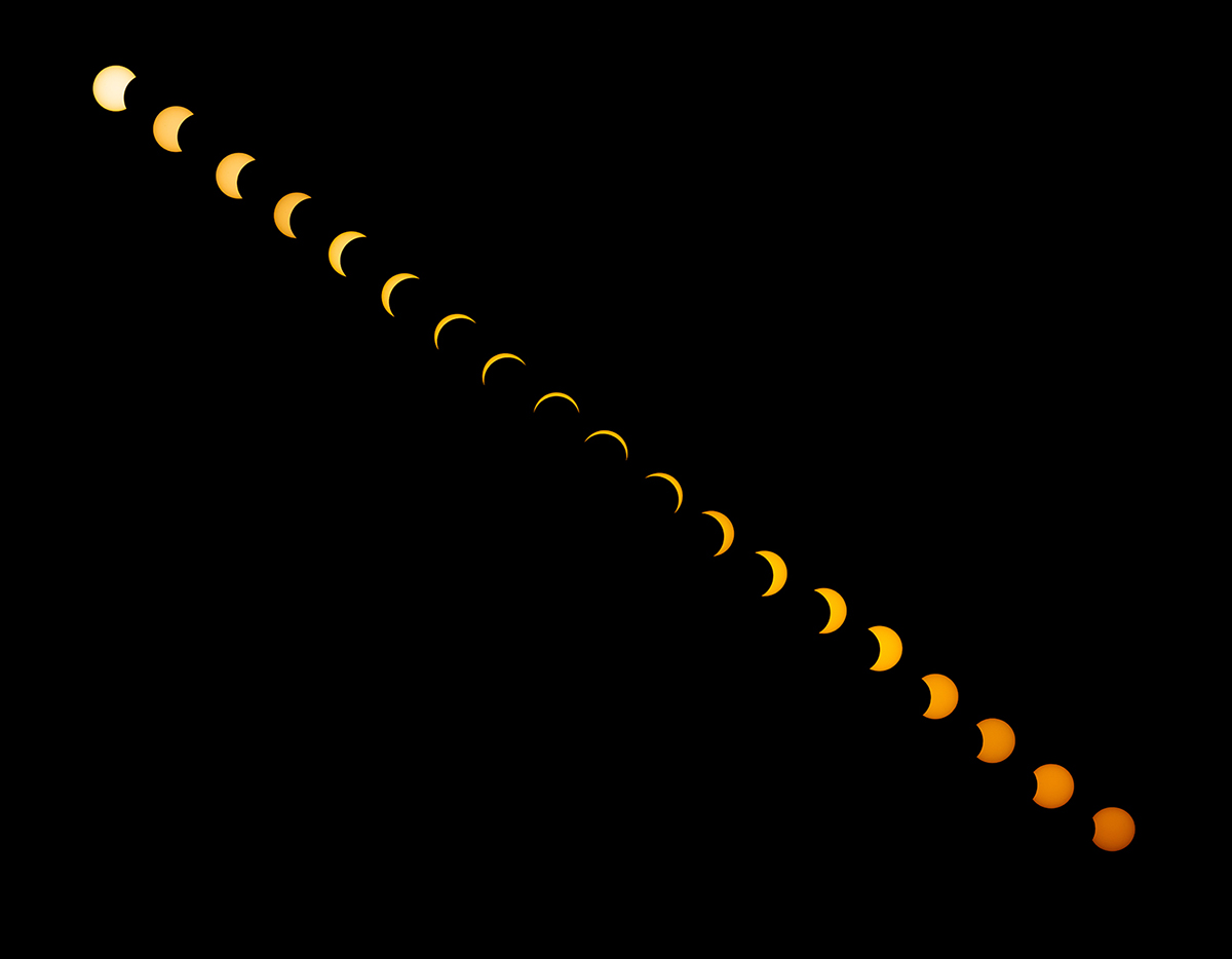 Last year Rebecca Saxton sent us a beautiful composite image of the partial solar eclipse of 29 March 2025, and she's just sent us another one – this time of the eclipse of 12 August 2026 from Cambridge, UK. 