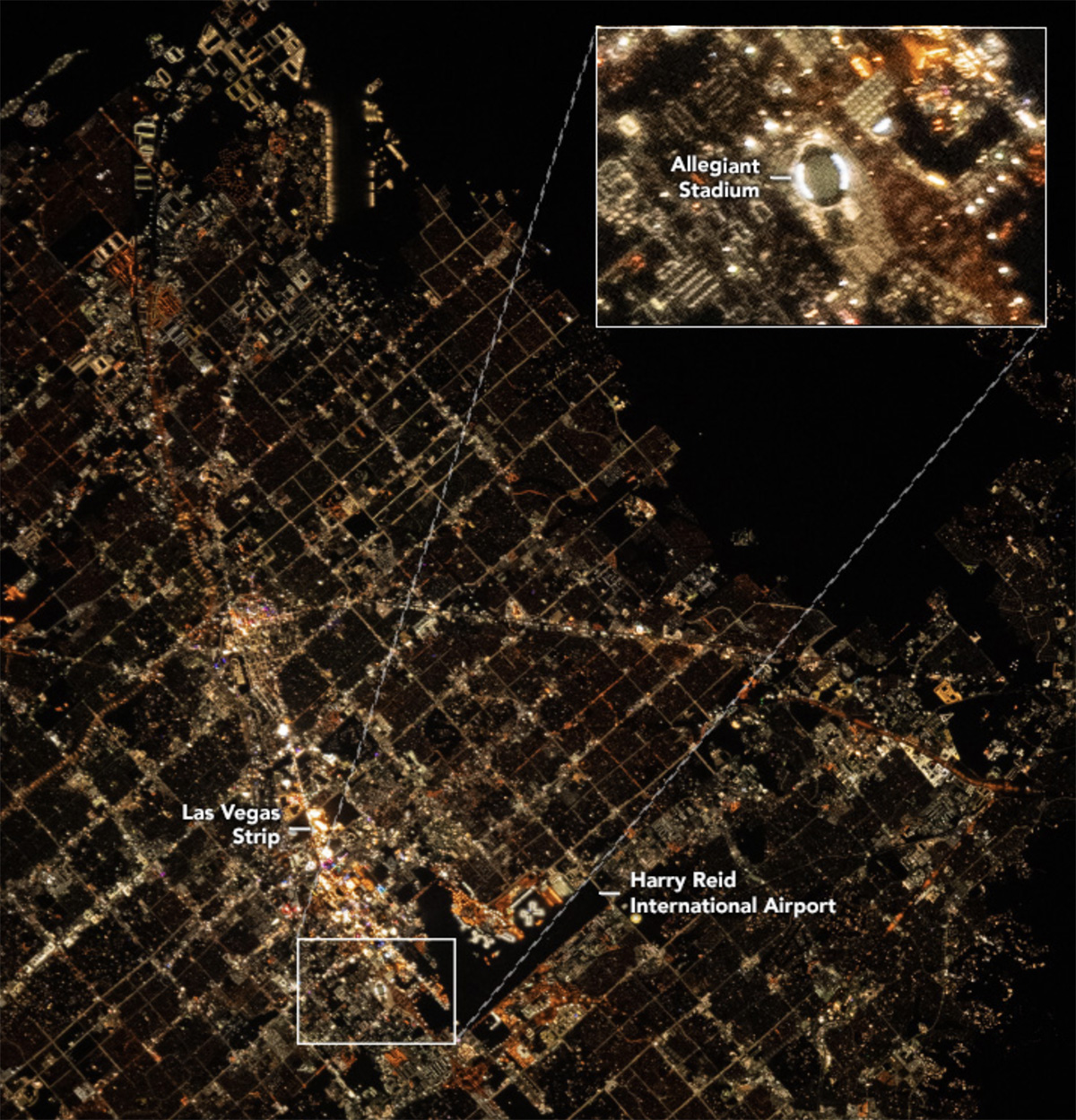 The Allegiant Stadium is just about visible in this image of Las Vegas from space released by NASA Earth Observatory. Credit: Astronaut photograph ISS067-E-369057 was acquired on September 17, 2022, with a Nikon D5 digital camera using a focal length of 400 millimeters. The image was provided by the ISS Crew Earth Observations Facility and the Earth Science and Remote Sensing Unit at Johnson Space Center. The image was taken by a member of the Expedition 67 crew.