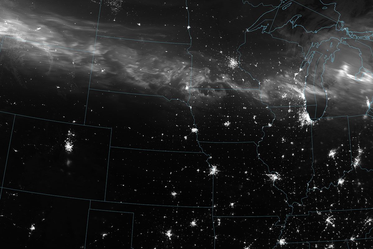 A view of the 10/11 May 2024 aurora display over the USA from space. Credit: NASA Earth Observatory image by Wanmei Liang, VIIRS data from Suomi National Polar-orbiting Partnership. Photo by Gunjan Sinha.