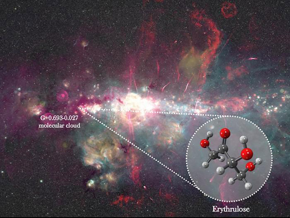 Composite image of the centre of our Galaxy, showing the location of molecular cloud G+0.693−0.027 and the sugar that was detected in interstellar space. Credit: Ashley Barnes/Izaskun Jiménez-Serra/Juan García de la Concepción
