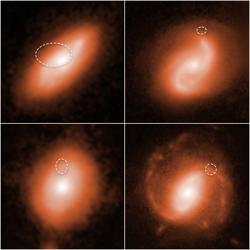 Hubble image showing the locations of four fast radio bursts (FRBs) in the spiral arms of four distant galaxies. Credit: NASA, ESA, A. Mannings (UC Santa Cruz), W. Fong (Northwestern), A. Pagan (STScI)