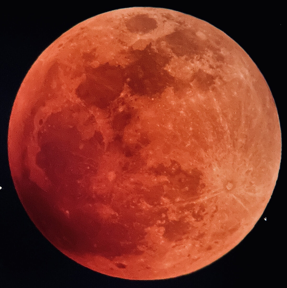 Eric Robinson captured this pic of the May 16, 2022 lunar eclipse from Albuquerque, New Mexico, USA with his iPhone 12. Equipment: iPhone 12, 14-inch Sky-Watcher 350P flex tube Dobsonian, 32mm eyepiece