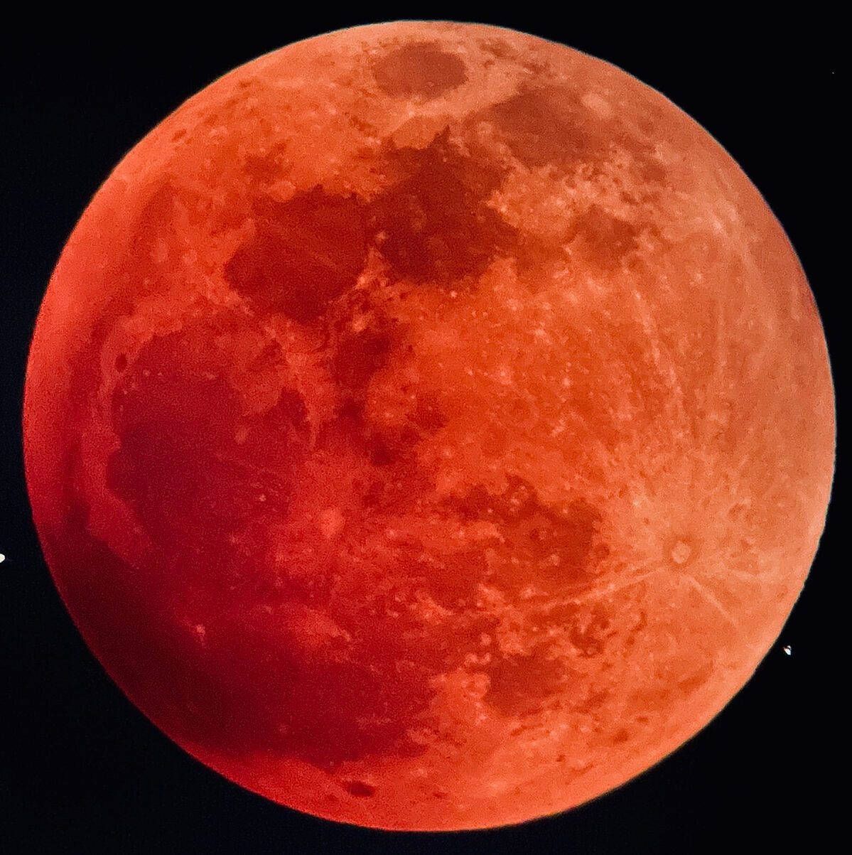 Eric Robinson captured this pic of the May 16, 2022 lunar eclipse from Albuquerque, New Mexico, USA with his iPhone 12. Equipment: iPhone 12, 14-inch Sky-Watcher 350P flex tube Dobsonian, 32mm eyepiece