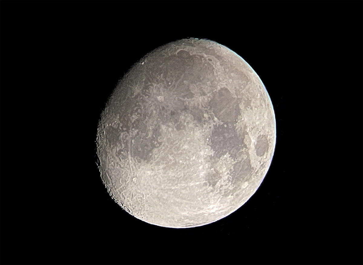 The Moon is a great place to start astrophotography with a smartphone and telescope. Fairphone 4 on a 70mm refractor. Credit: Mary McIntyre