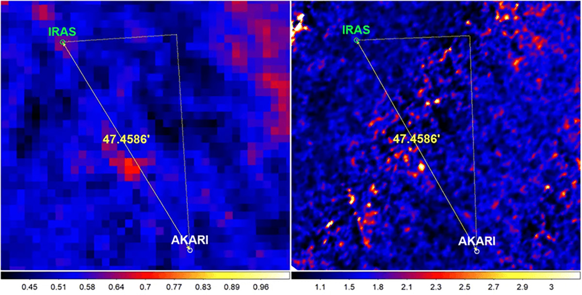 The two infrared surveys, IRAS on the left, AKARI on the right, with the position of the potential Planet 9 marked on each. Credit: Phan et al (2025)