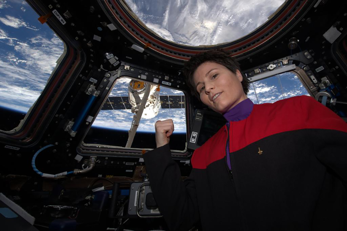 Samantha Cristoforetti wearing a Star Trek uniform on the International Space Station. Credit: NASA