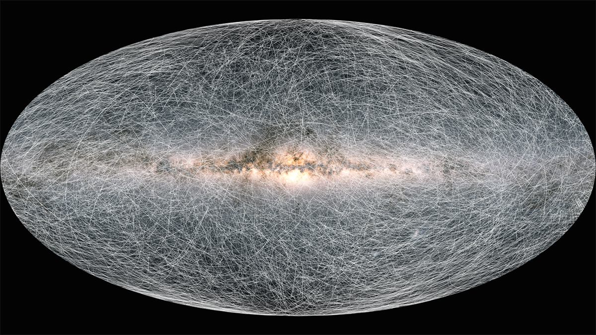 Trails on an image of the Milky Way showing how 40,000 nearby stars will move across the sky in the next 400 thousand years. Credit: ESA/Gaia/DPAC; CC BY-SA 3.0 IGO. Acknowledgement: A. Brown, S. Jordan, T. Roegiers, X. Luri, E. Masana, T. Prusti and A. Moitinho