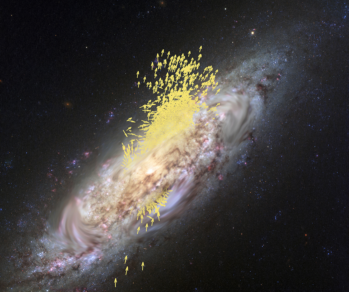 Artist’s impression of the Gaia-Enceladus merger with the Milky Way, 10 billion years ago. Positions and motions of the stars in Gaia-Enceladus are shown with yellow arrows. Credit: ESA (artist’s impression and composition); Koppelman, Villalobos and Helmi (simulation); NASA/ESA/Hubble (galaxy image)