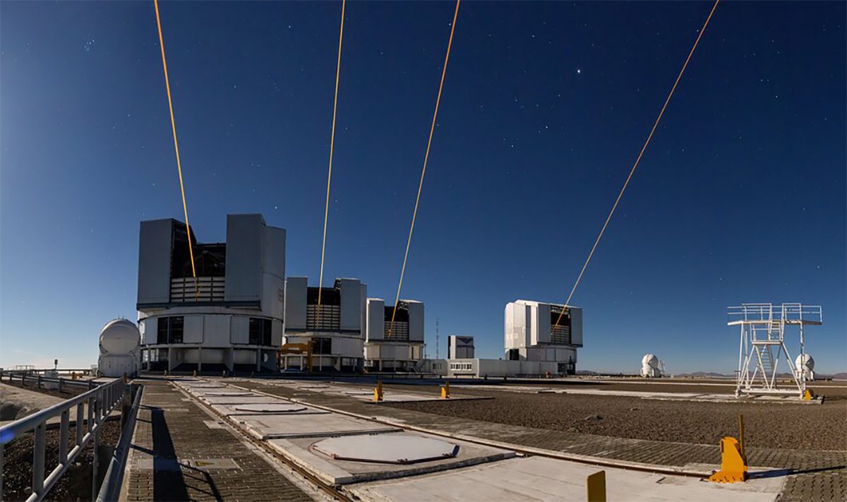 Four lasers at ESO’s Paranal Observatory, each launched from one of the four eight-metre telescopes on site. Credit: A. Berdeu/ESO
