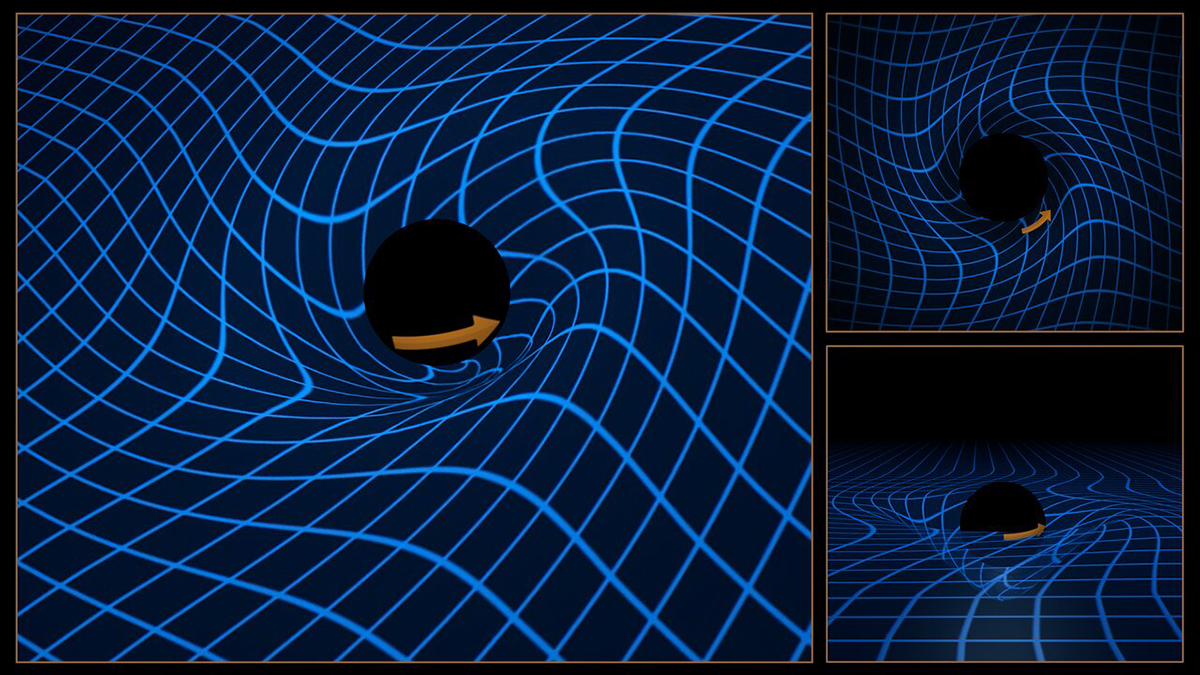 Illustration showing how a spinning black hole drags space-time around it in a phenomenon known as Lense-Thirring. Credit: ESO/M. Kornmesser