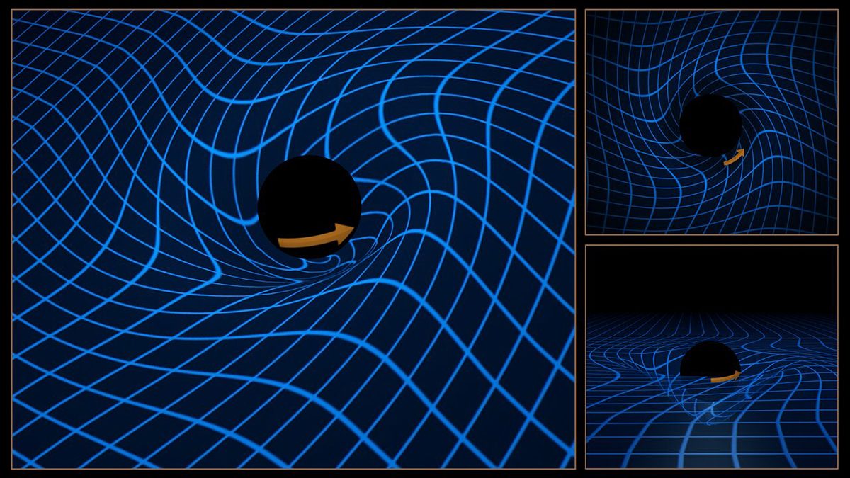 Illustration showing how a spinning black hole drags space-time around it in a phenomenon known as Lense-Thirring. Credit: ESO/M. Kornmesser