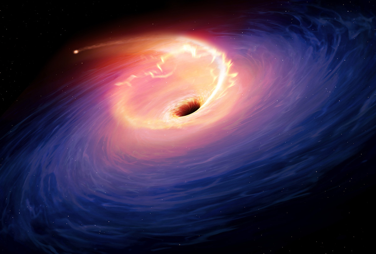 Artwork depicting a tidal disruption event, when a star is torn apart by a black hole. Credit: Mark Garlick / Science Photo Library / Getty Images