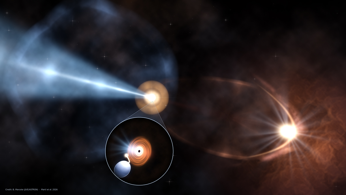 Artist’s impression of IRAS 18293−0941. A massive star and a black hole orbit each other. Material from the star is accreted around the black hole, then fired through two jets at three-quarters the speed of light. The jet on the left is aimed almost at Earth. Credit: B. Marcote (JIVE/ASTRON).