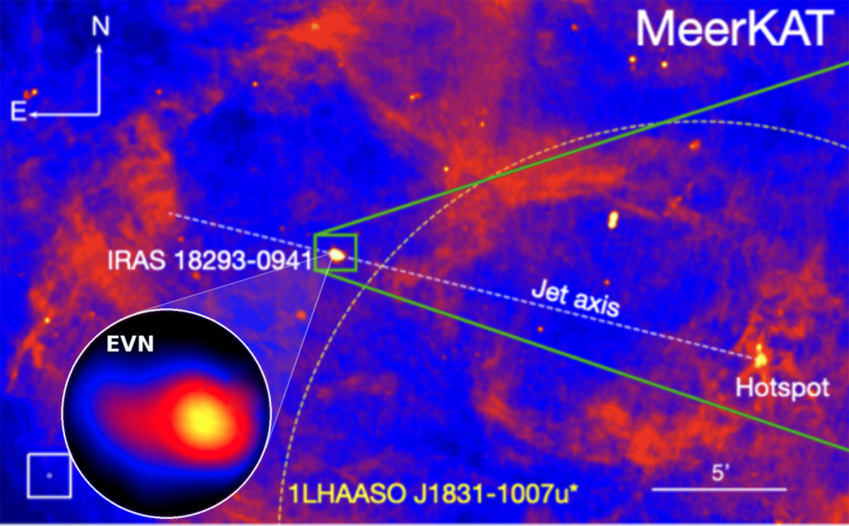A radio image of the region around microblazar IRAS 18293-0941, as seen by the MeerKAT and EVN telescopes. Credit: MeerKAT