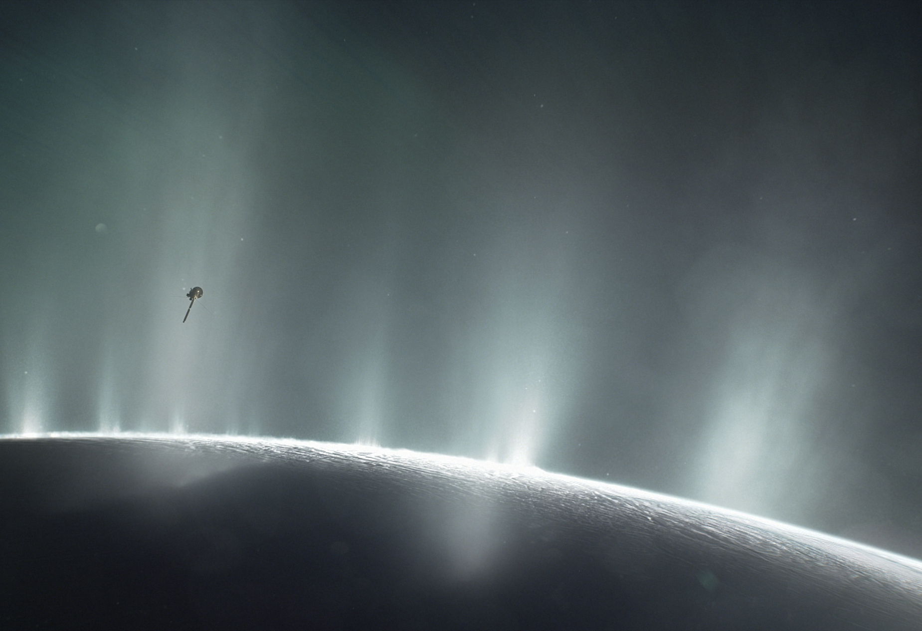 An illustration showing the Cassini spacecraft diving through plumes on Saturn's moon Enceladus. Credit: NASA/JPL-Caltech