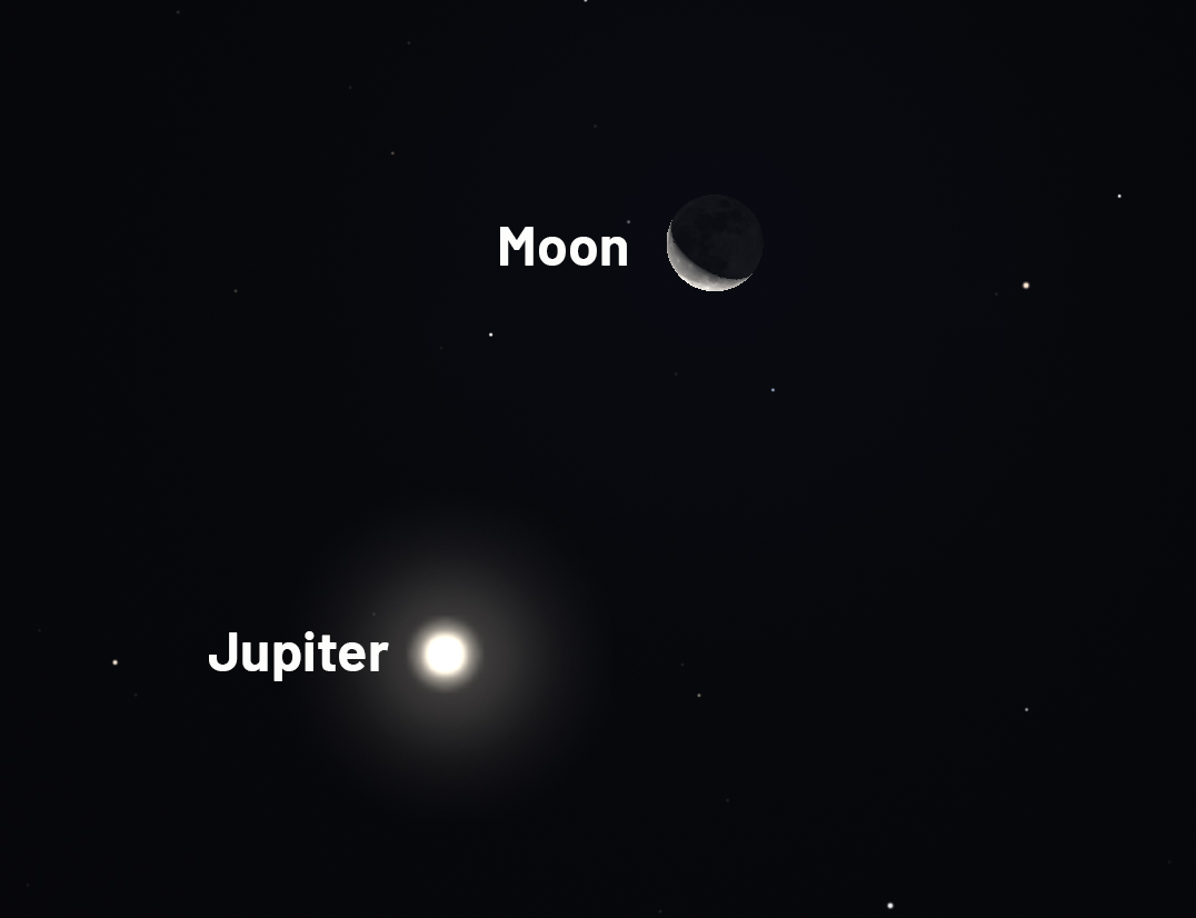 Jupiter meets a thin crescent Moon in the early hours of 5 October 2026. Credit: Stellarium