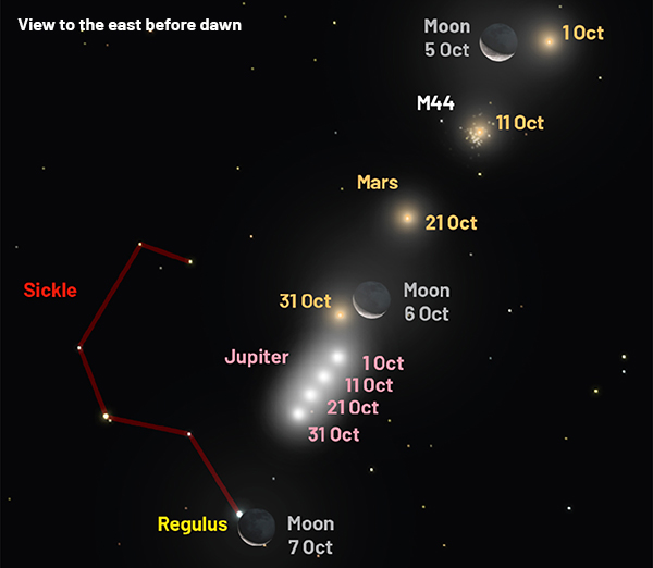 Mars and Jupiter are a treat for planet-watchers in October 2026. This chart shows how the planets will get closer to one another as the month rolls along. Credit: Pete Lawrence