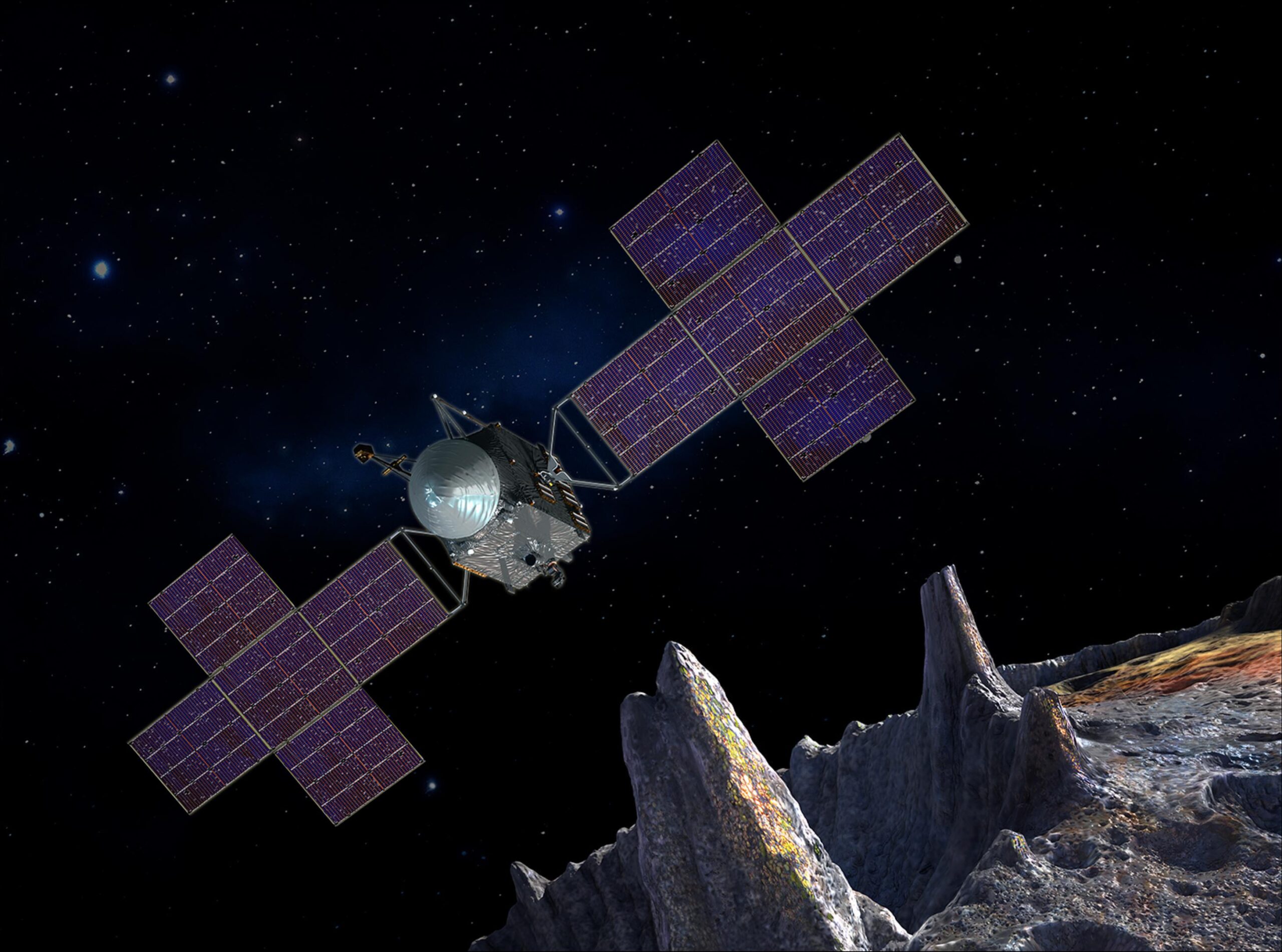 An artist’s impression of Asteroid 16 Psyche’s nickel-iron mountain peaks. Photos of the asteroid's true topography could be expected from August 2029. Credit: NASA/JPL-Caltech/Arizona State Univ./Space Systems Loral/Peter Rubin
