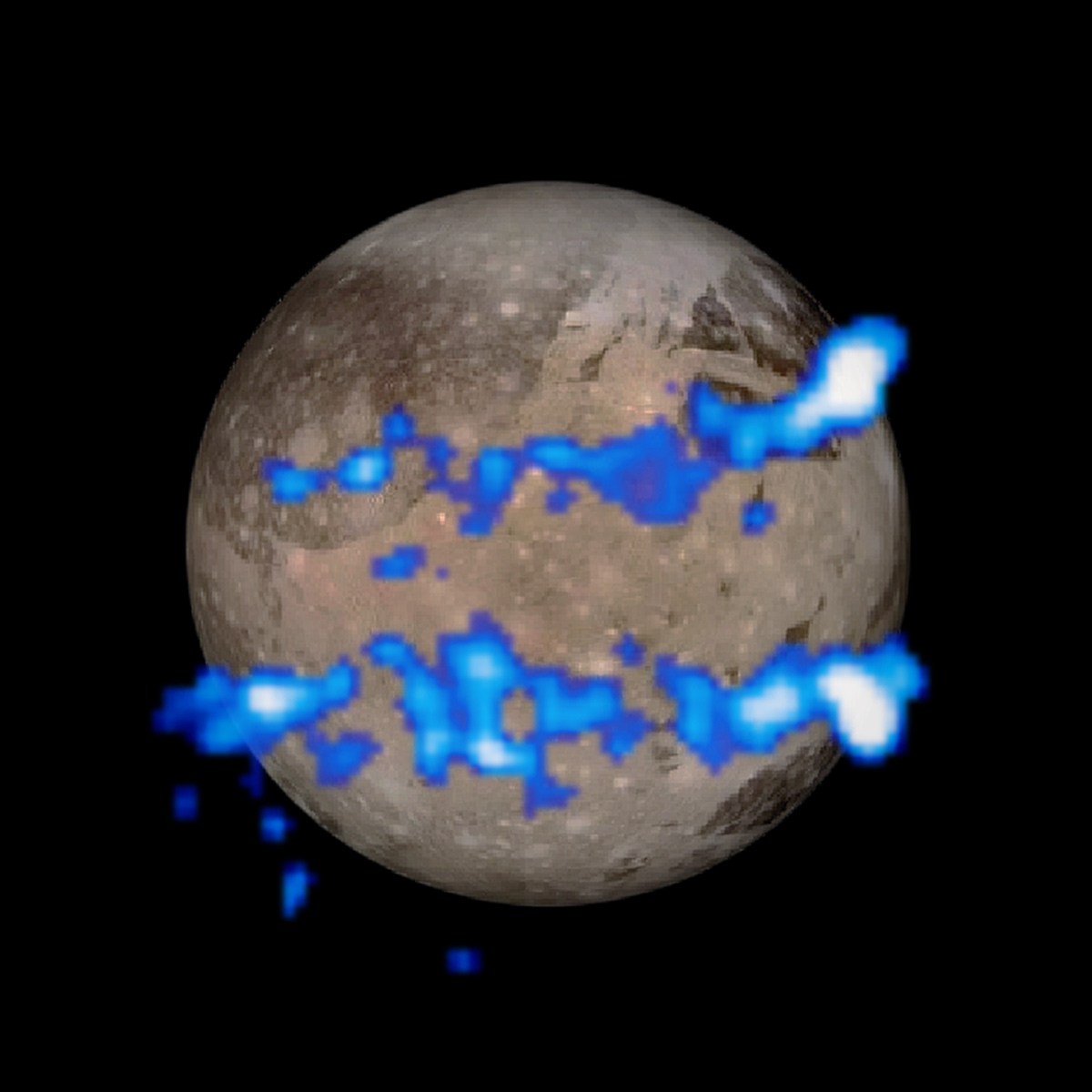 Image showing aurora belts on Jupiter's moon Ganymede, coloured blue. Belts were observed by the Hubble Space Telescope. Aurora credit: NASA, ESA, and J. Saur (University of Cologne, Germany) Ganymede globe credit: NASA, JPL, and the Galileo Project