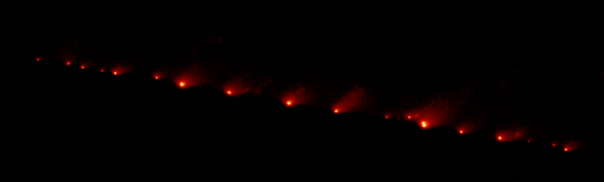 The Hubble Space Telescope captured this image of comet Shoemaker-Levy 9 on May 17, 1994. The stream of icy fragments stretched 1.1 million km across. Credit: NASA, ESA, and H. Weaver and E. Smith (STScI)