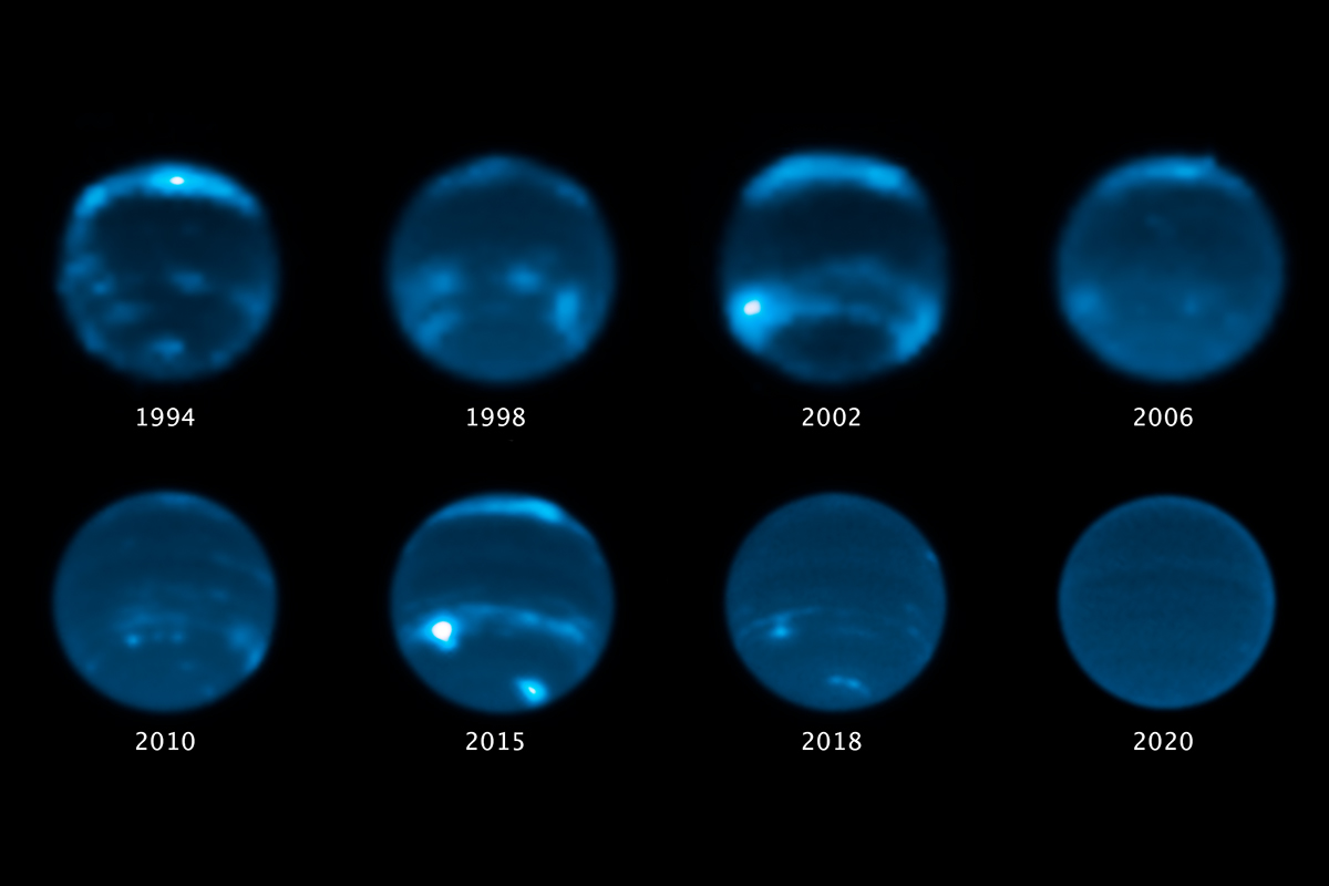 A sequence of Hubble Space Telescope images showing changes in Neptune cloud cover, which seems to correlate to changes in the solar cycle. Credits: NASA, ESA, Erandi Chavez (UC Berkeley), Imke de Pater (UC Berkeley)