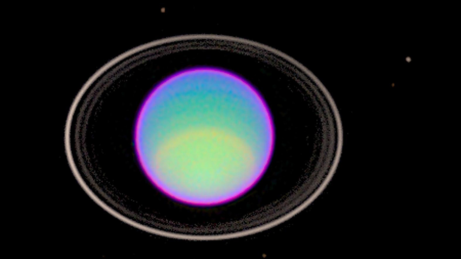 Uranus's rings imaged with the Hubble Space Telescope in 1997 in infrared and visible light. Image credit: Erich Karkoschka (University of Arizona), and NASA/ESA