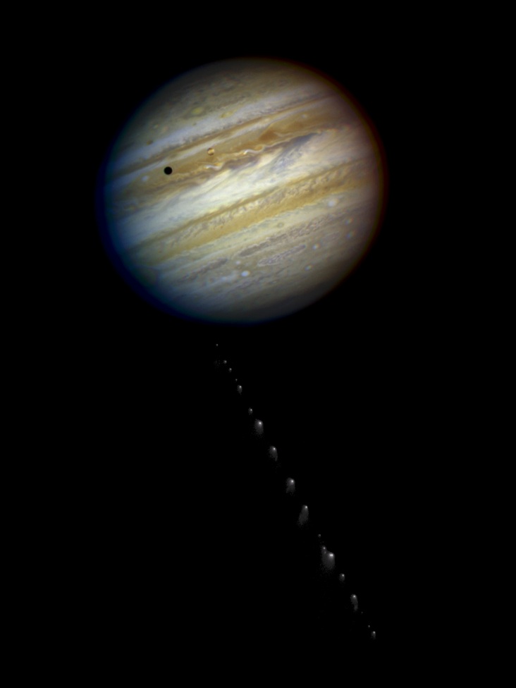 A composite image created using separate images of Jupiter and comet Shoemaker-Levy 9, by the Hubble Space Telescope. Credit: NASA