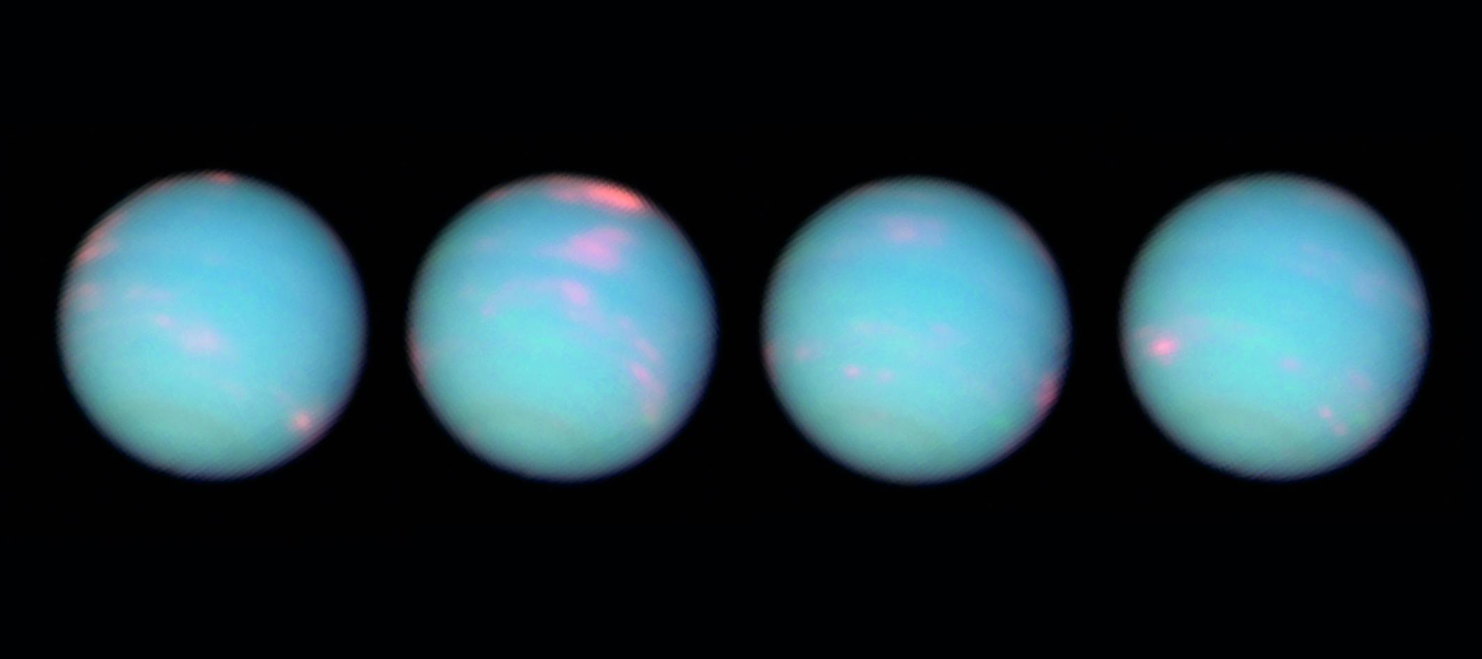 In these four images of Neptune, taken a few hours apart, Hubble reveals different faces of the eighth and outermost planet of our Solar System as it rotates on its axis. Gallery continues after The Sky Guide. Credit: NASA, ESA and the Hubble Heritage Team (STScI/AURA)