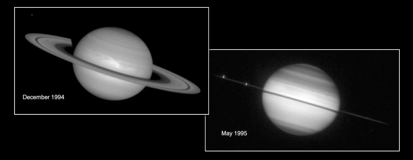 Saturn's ring plane crossing in May 1995, seen by the Hubble Space Telescope. Credit: STScI&nbsp;and&nbsp;NASA