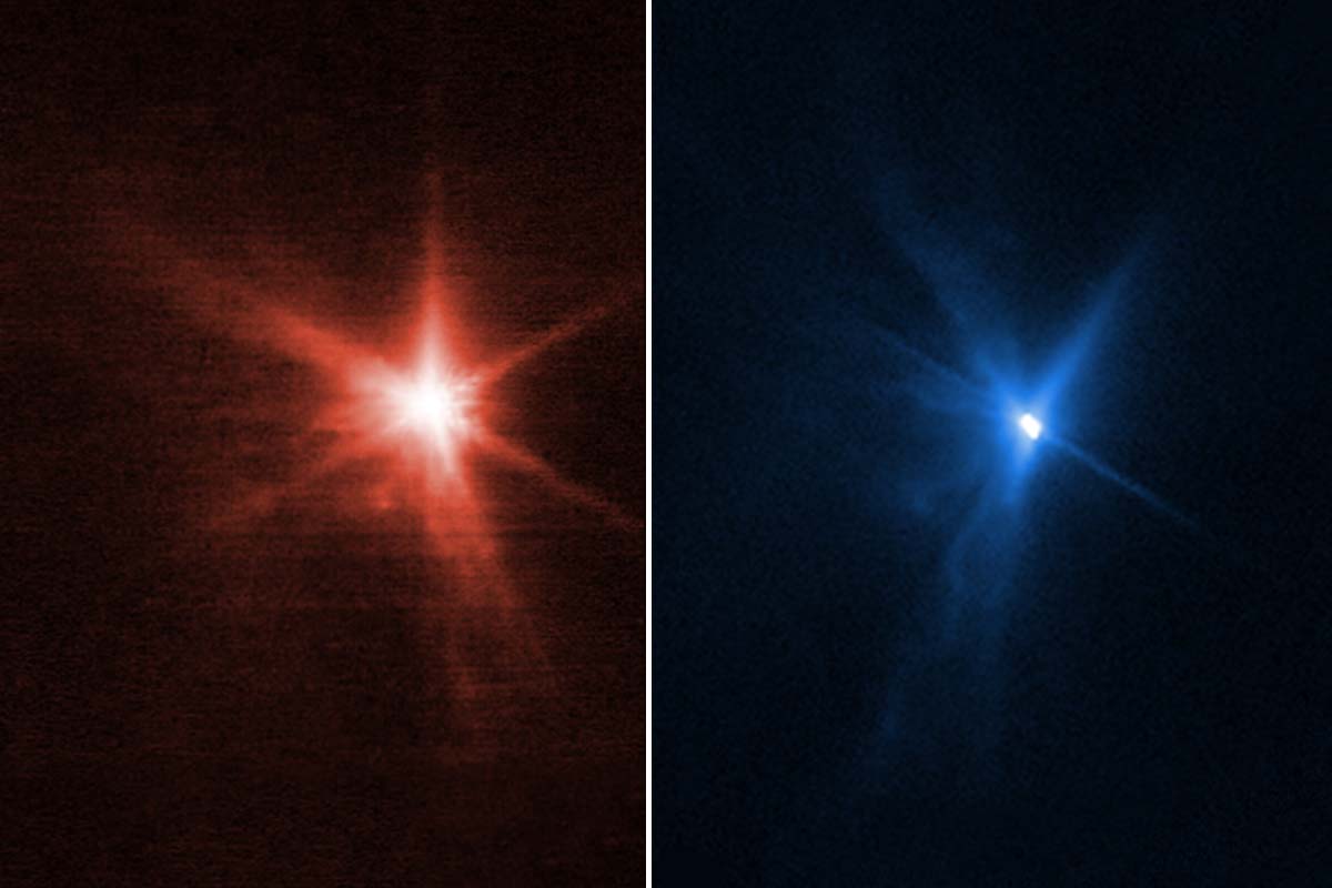 The impact of NASA's DART mission into asteroid moonlet Dimorphus, as seen by the James Webb Space Telescope (left) and the Hubble Space Telescope (right)