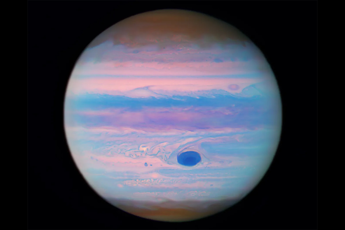 An image of Jupiter captured in ultraviolet light by the Hubble Space Telescope, released on 2 November 2023. Credit: NASA, ESA, and M. Wong (University of California - Berkeley); Processing: Gladys Kober (NASA/Catholic University of America)