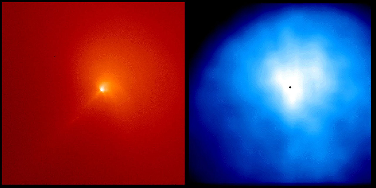 Two images of Comet Hyakutake captured by the Hubble Space Telescope, 3 and 4 April 1996. The first image, in red, was taken through a narrow-band red filter that shows only sunlight scattered by dust. Credit: M. Combi (University of Michigan)