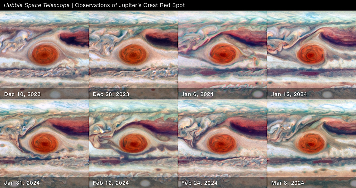 Hubble Space Telescope images of Jupiter's Great Red Spot spanning about 90 days between December 2023 and March 2024. Credit: NASA, ESA, Amy Simon (NASA-GSFC); Image Processing: Joseph DePasquale (STScI)