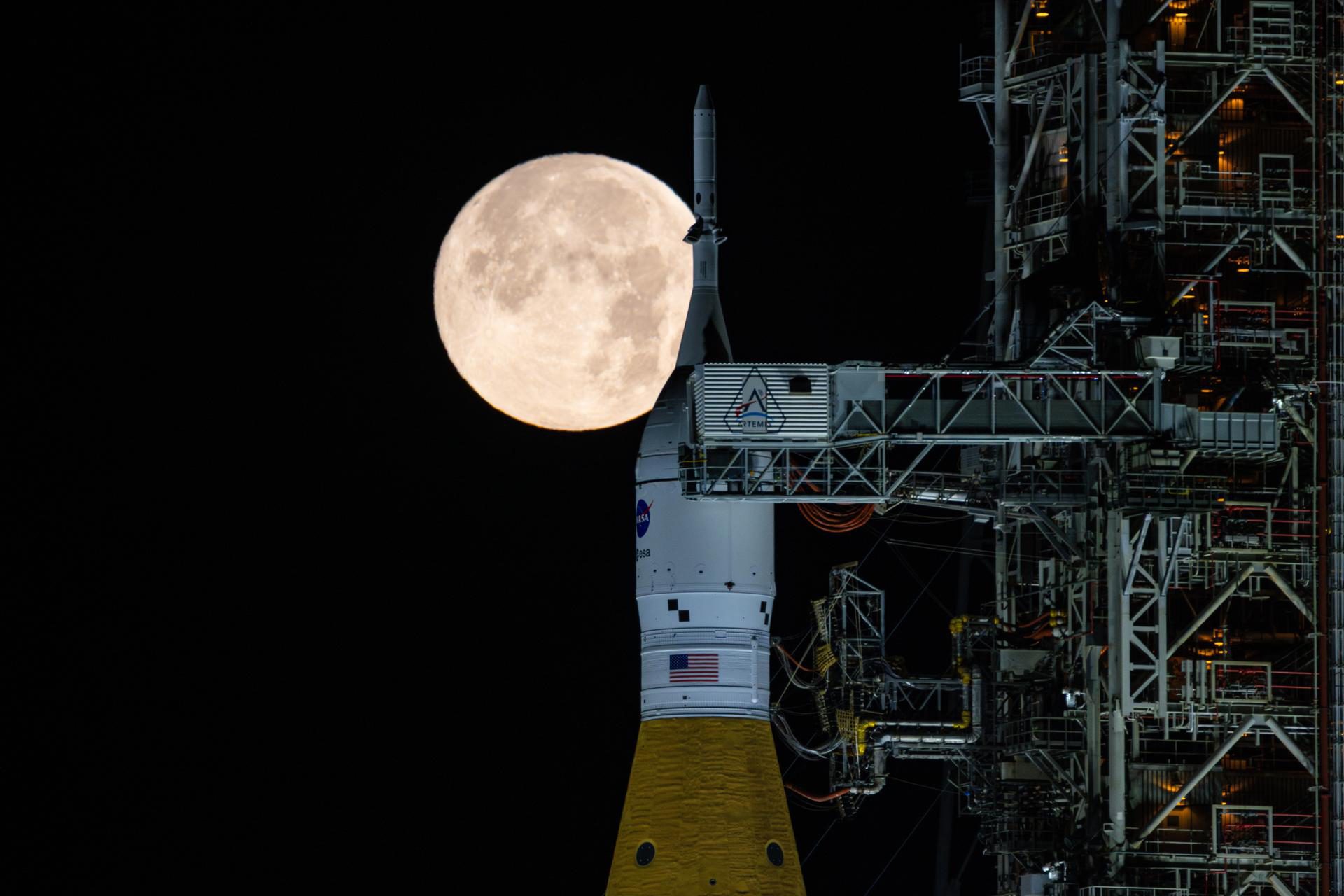 The full Moon and the Artemis II Space Launch System and Orion capsule, Nasa's Kennedy Space Center, 1 February 2026. Credit: NASA/Sam Lott